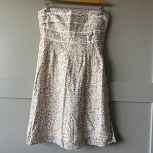 American Eagle Floral Strapless Dress Womens Size 14 White Pink Smocked Boho‎
